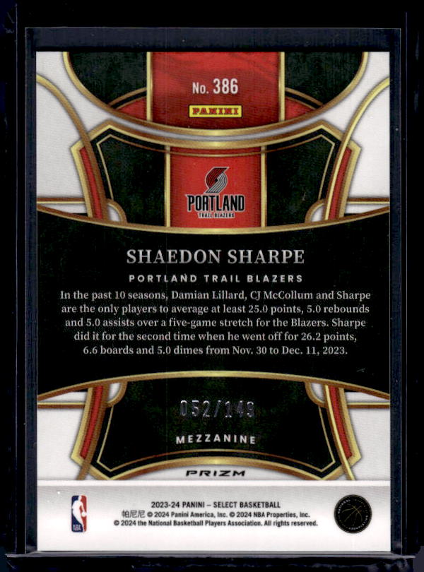 2023-24 Panini Select #386 Shaedon Sharpe White Prizms #/149