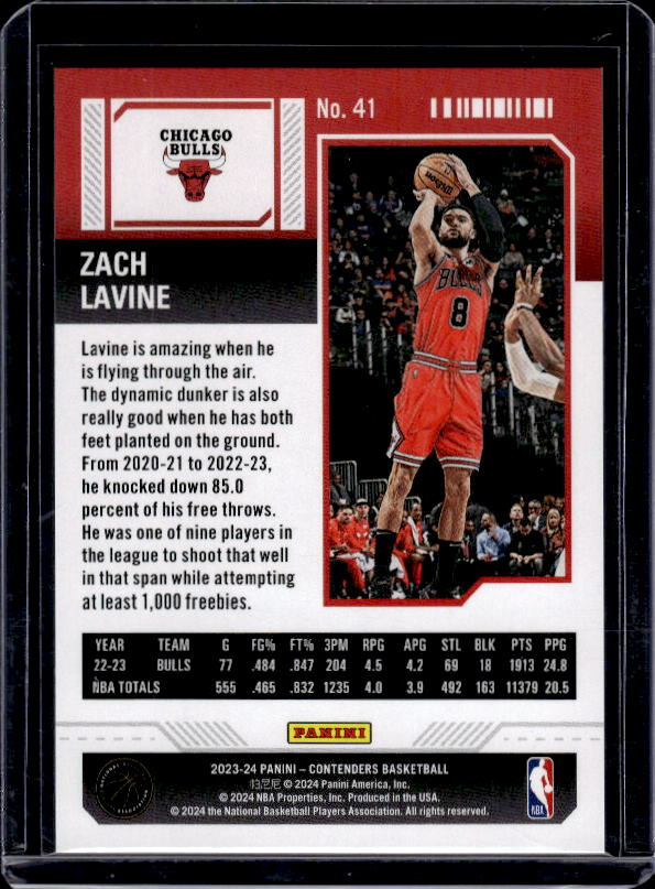 2023-24 Panini Contenders #41 Zach LaVine First Round Ticket #/149