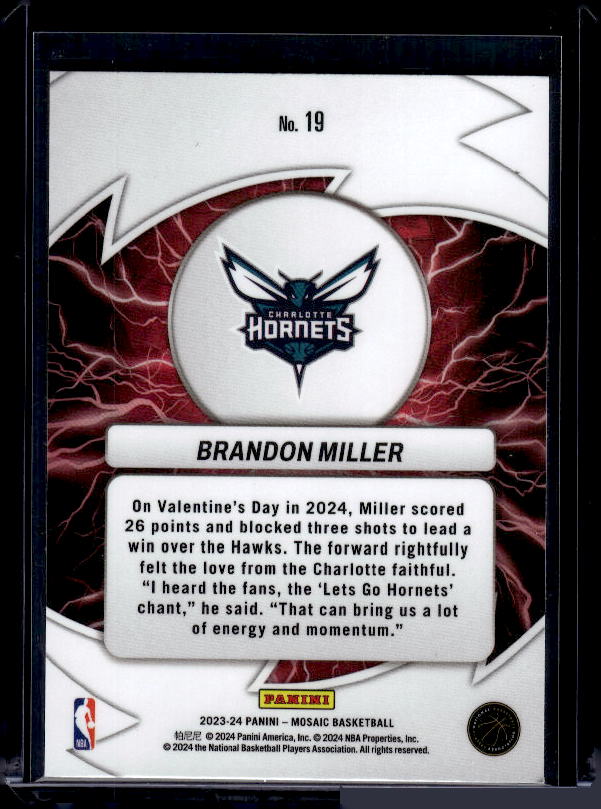 2023-24 Panini Mosaic #19 Brandon Miller Thunder Road