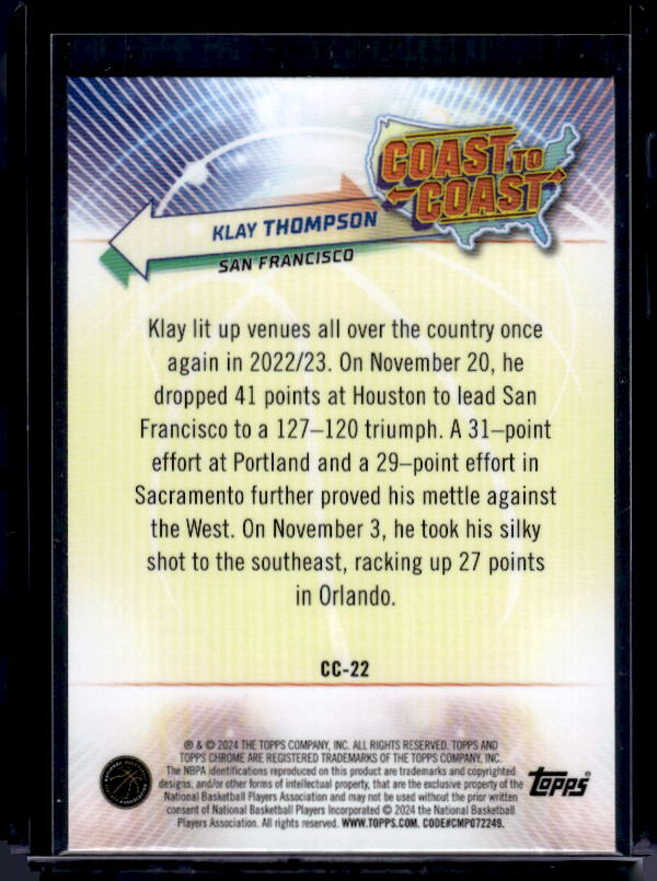 2023-24 Topps Chrome #CC-22 Klay Thompson Coast to Coast