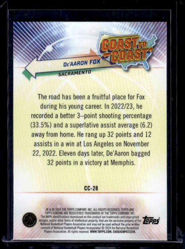 2023-24 Topps Chrome #CC-28 De'Aaron Fox Coast to Coast