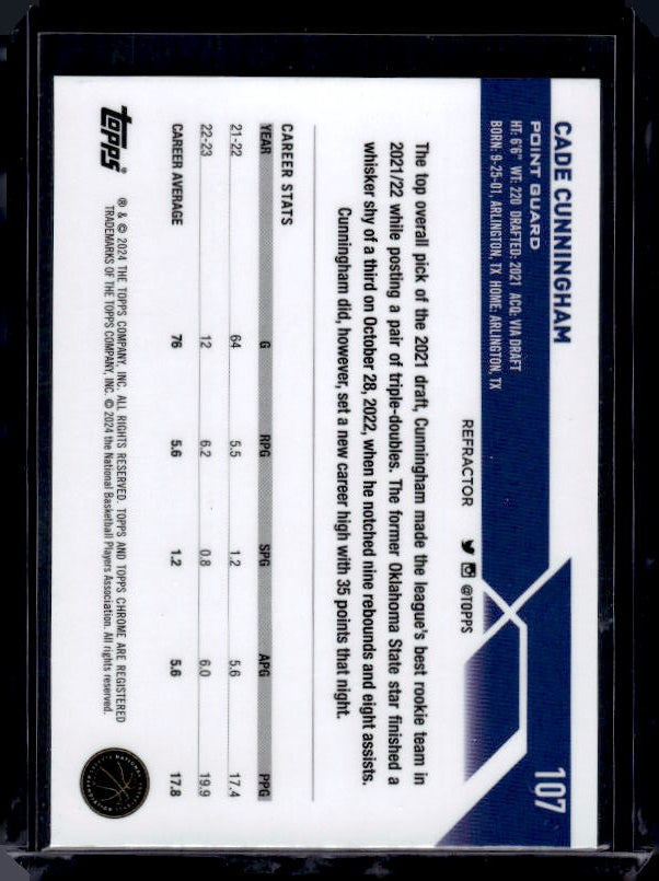 2023-24 Topps Chrome #107 Cade Cunningham Refractors