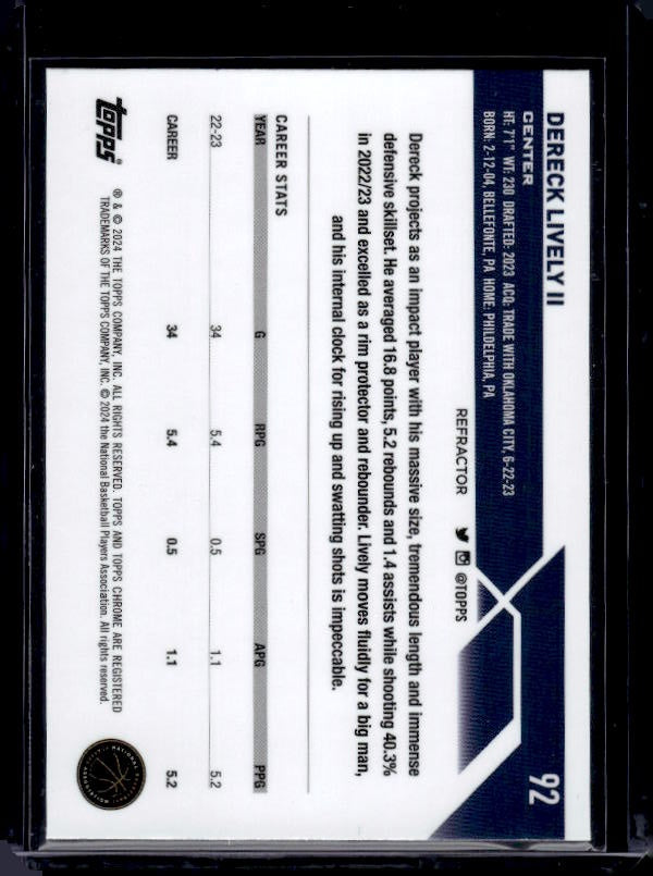 2023-24 Topps Chrome #92 Dereck Lively II Refractors