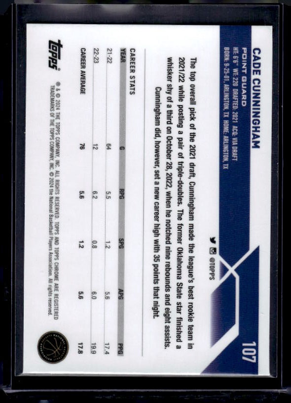 2023-24 Topps Chrome #107 Cade Cunningham Magenta Refractors