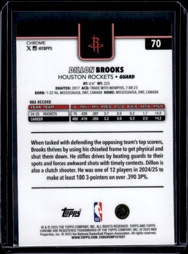 2025-26 Topps Chrome #70 Dillon Brooks RayWave Refractor