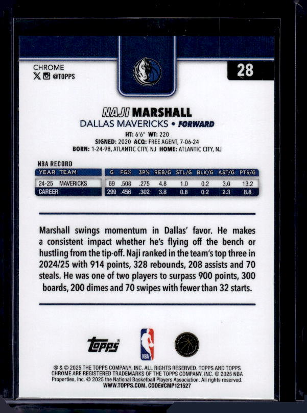 2025-26 Topps Chrome #28 Naji Marshall RayWave Refractor