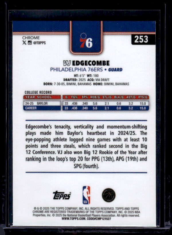 2025-26 Topps Chrome #253 VJ Edgecombe RayWave Refractor