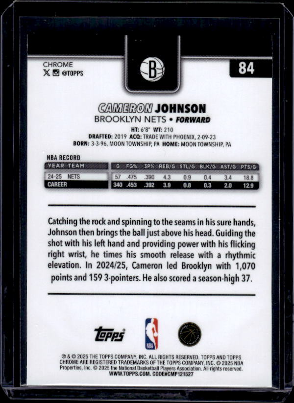 2025-26 Topps Chrome #84 Cameron Johnson RayWave Refractor