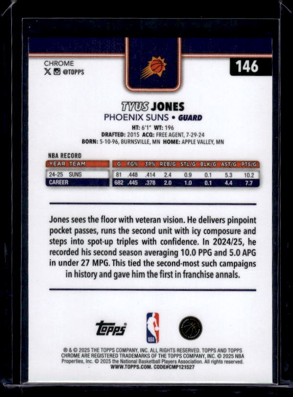 2025-26 Topps Chrome #146 Tyus Jones Red White and Blue Refractor