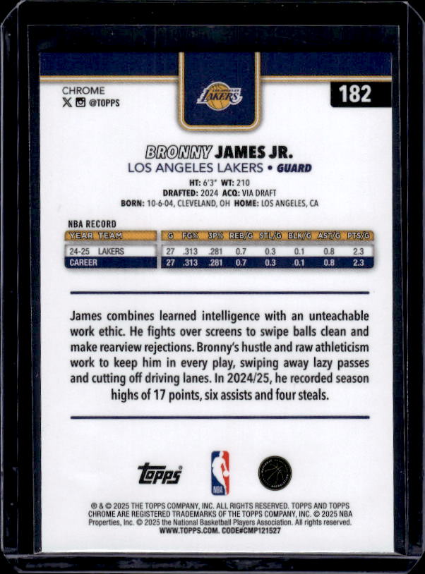 2025-26 Topps Chrome #182 Bronny James Jr. Red White and Blue Refractor