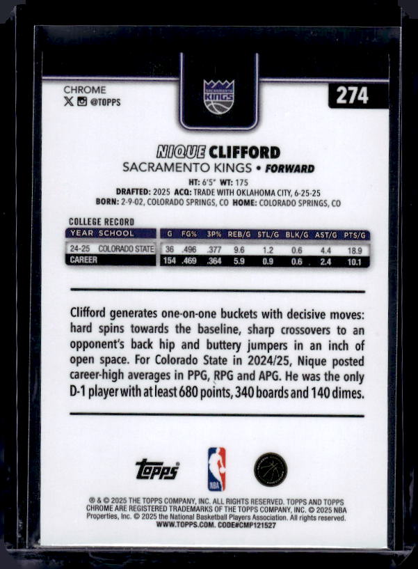 2025-26 Topps Chrome #274 Nique Clifford Red White and Blue Refractor