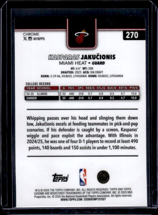 2025-26 Topps Chrome #270 Kasparas Jakučionis RayWave Refractor