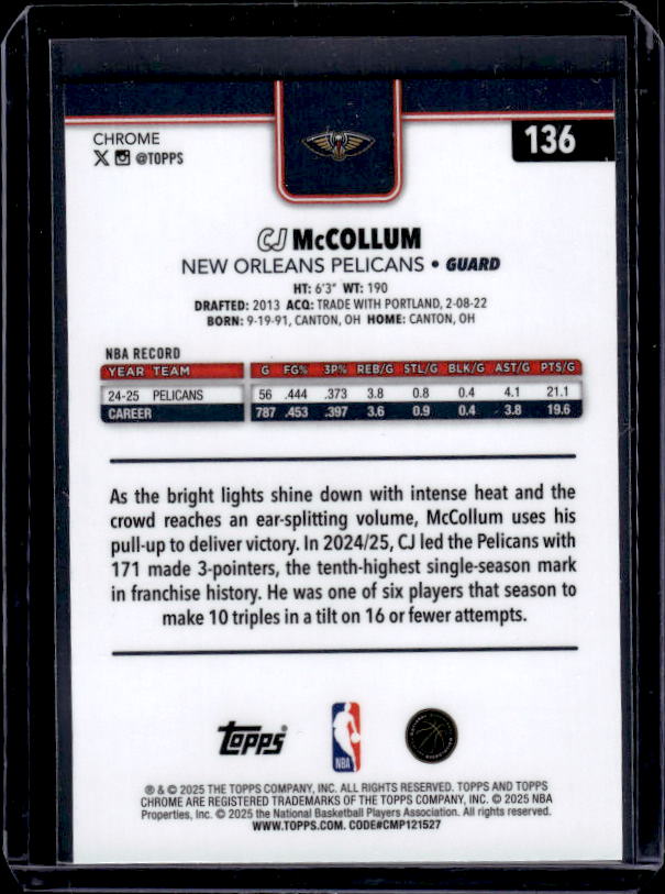 2025-26 Topps Chrome #136 CJ McCollum Prism Refractor