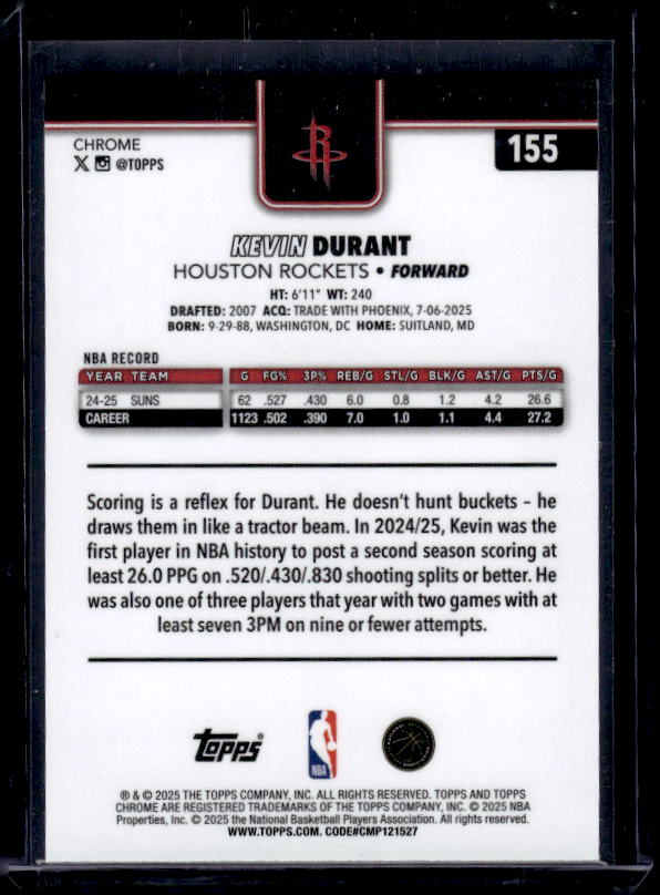 2025-26 Topps Chrome #155 Kevin Durant Red White and Blue Refractor