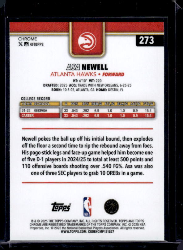 2025-26 Topps Chrome #273 Asa Newell Red White and Blue Refractor
