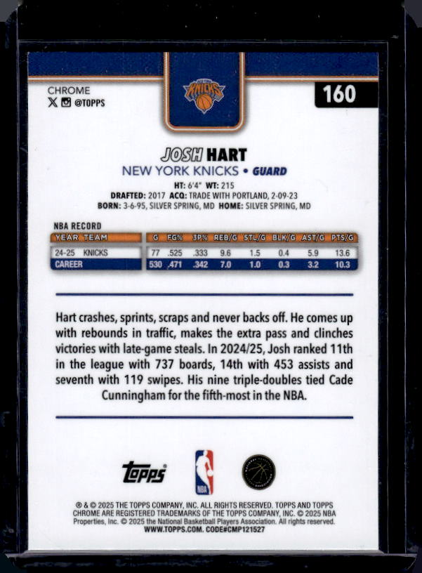 2025-26 Topps Chrome #160 Josh Hart Red White and Blue Refractor
