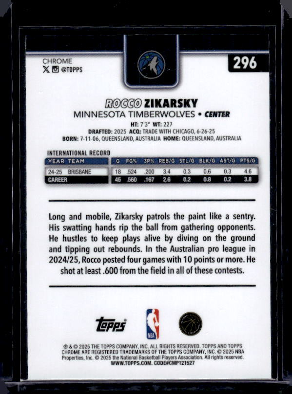 2025-26 Topps Chrome #296 Rocco Zikarsky Pulsar Refractor