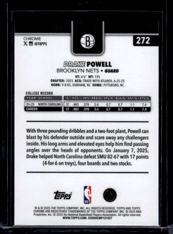 2025-26 Topps Chrome #272 Drake Powell Pulsar Refractor