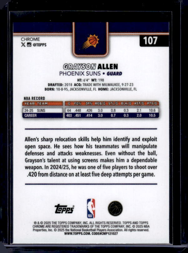 2025-26 Topps Chrome #107 Grayson Allen Red White and Blue Refractor