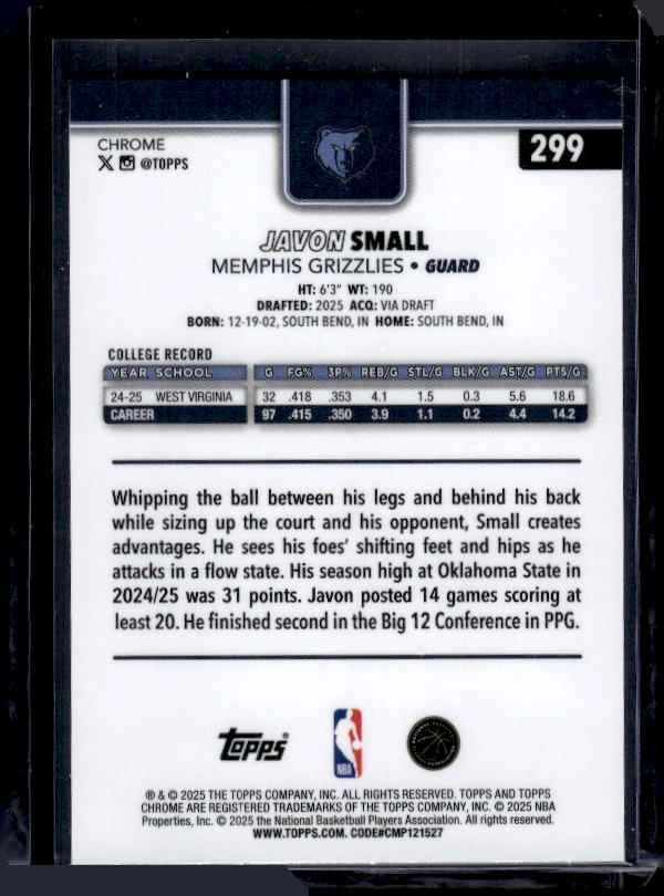 2025-26 Topps Chrome #299 Javon Small Red White and Blue Refractor