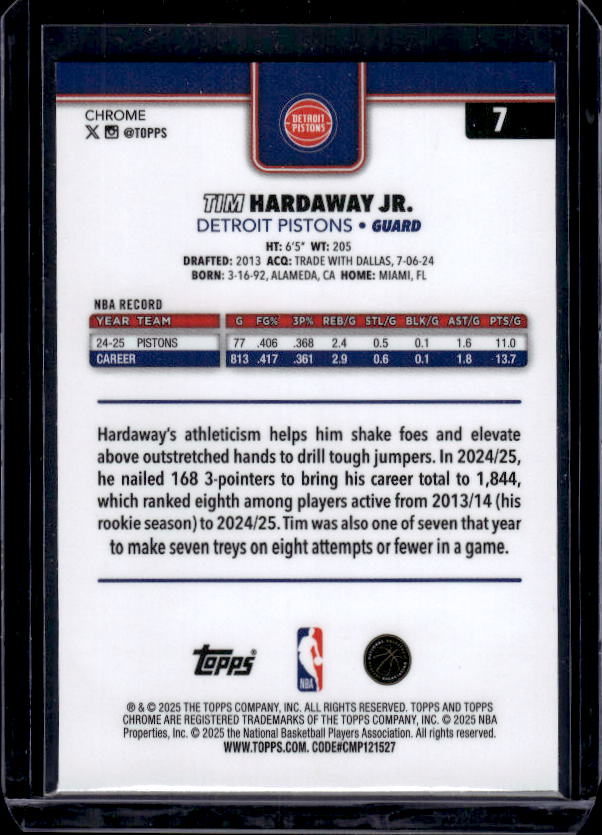 2025-26 Topps Chrome #7 Tim Hardaway Jr. Red White and Blue Refractor