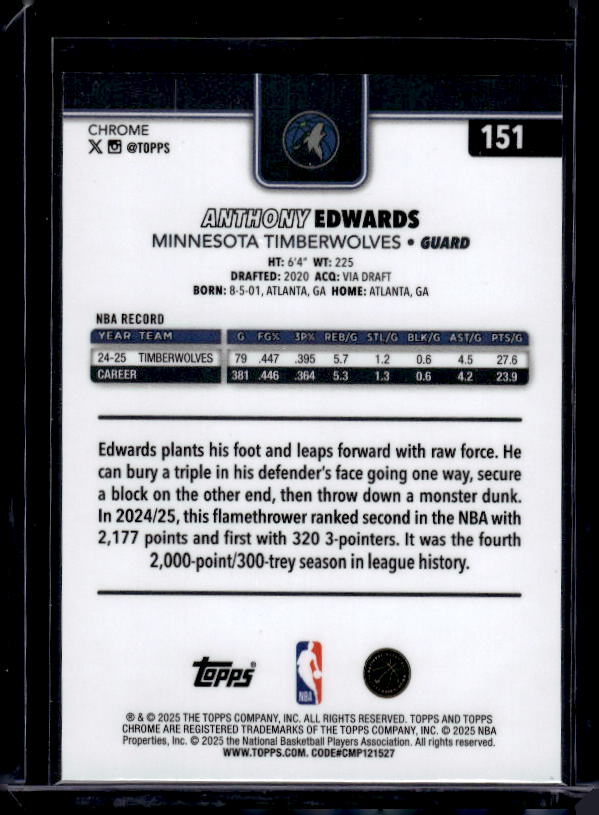 2025-26 Topps Chrome #151 Anthony Edwards