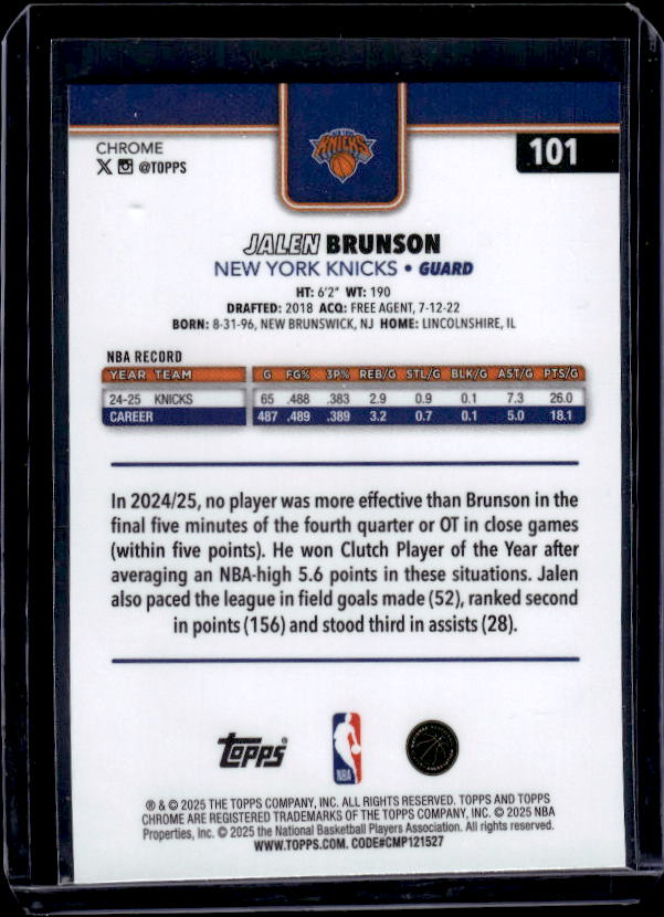 2025-26 Topps Chrome #101 Jalen Brunson