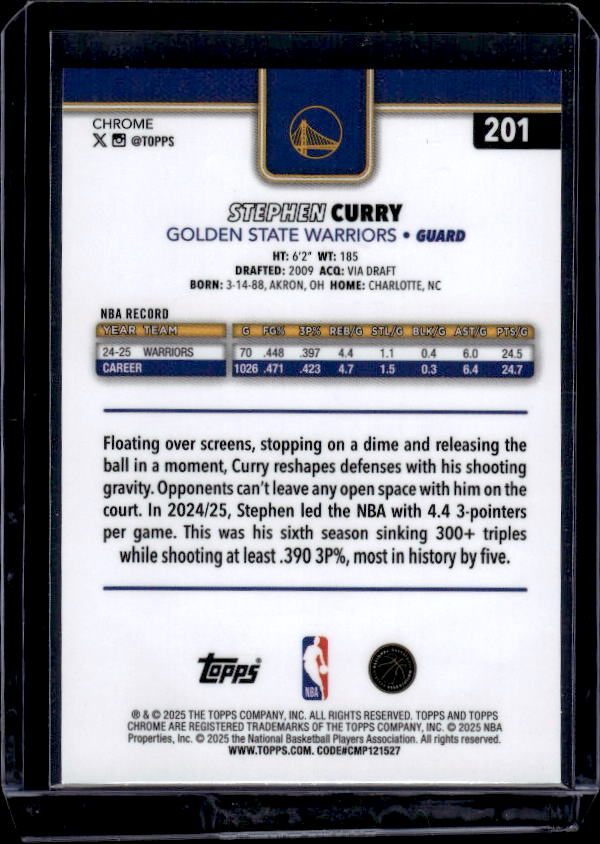 2025-26 Topps Chrome #201 Stephen Curry