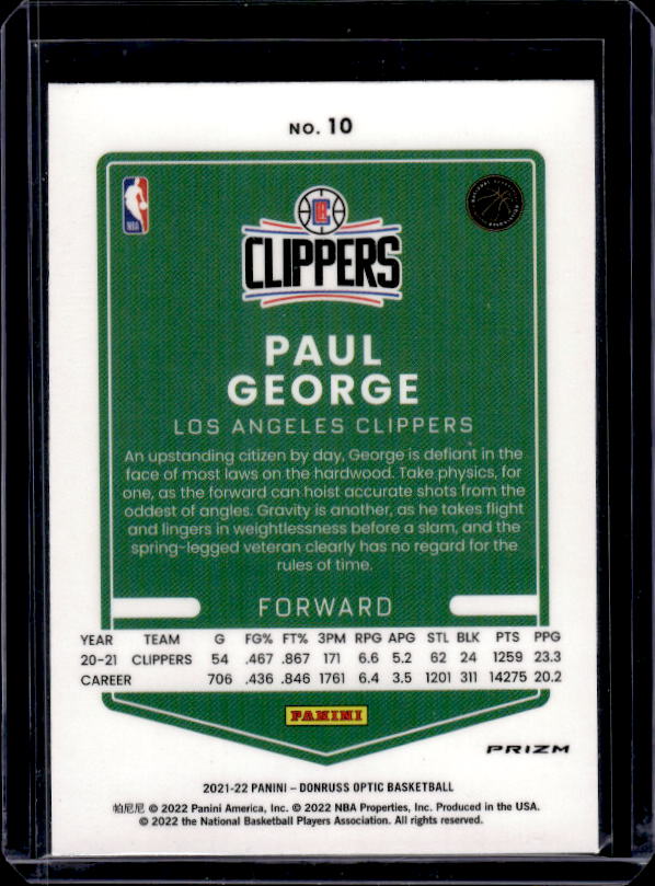 2021-22 Donruss Optic #10 Paul George Blue Velocity