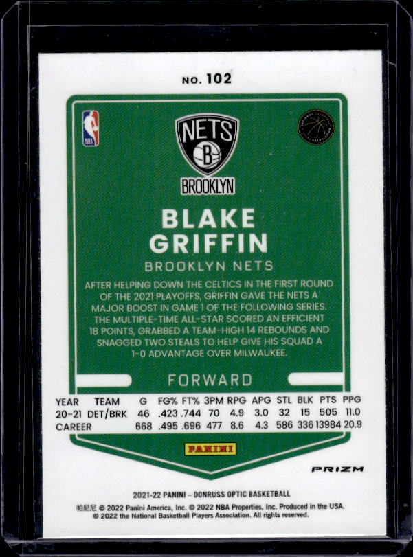 2021-22 Donruss Optic #102 Blake Griffin Blue Velocity