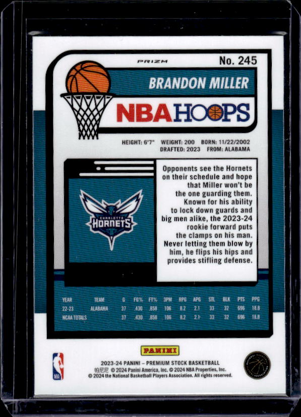 2023-24 Hoops Premium Stock #245 Brandon Miller Seismic Prizm