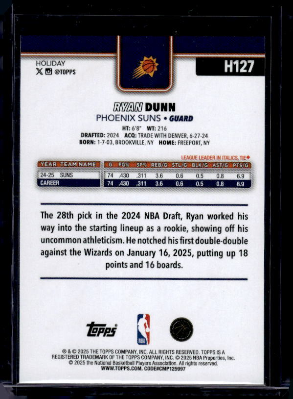 2025-26 Topps Holiday #H127 Ryan Dunn Glitter Holiday
