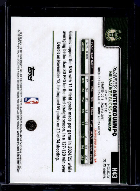 2025-26 Topps Holiday #H43 Giannis Antetokounmpo Light Blue and White Glitter