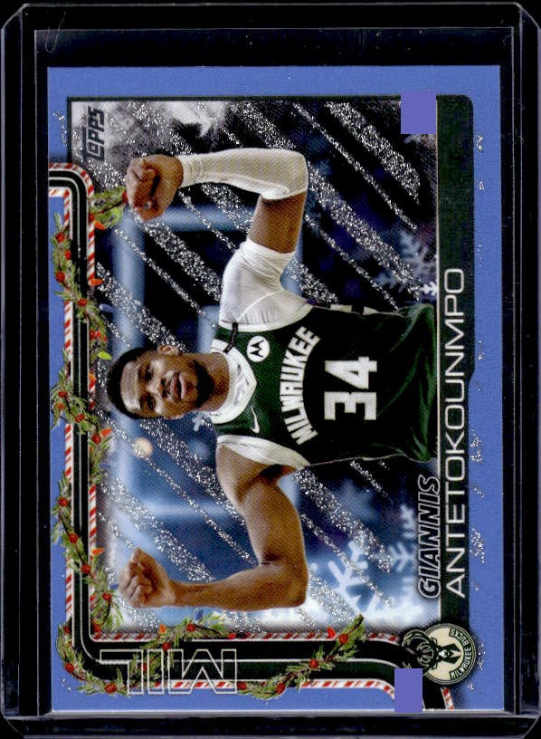 2025-26 Topps Holiday #H43 Giannis Antetokounmpo Light Blue and White Glitter