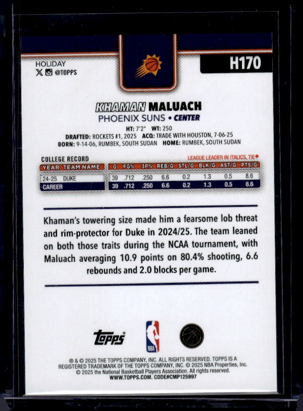 2025-26 Topps Holiday #H170 Khaman Maluach Glitter Holiday