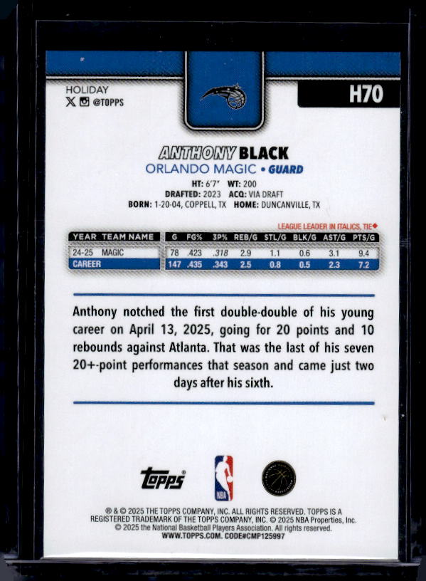 2025-26 Topps Holiday #H70 Anthony Black Glitter Holiday