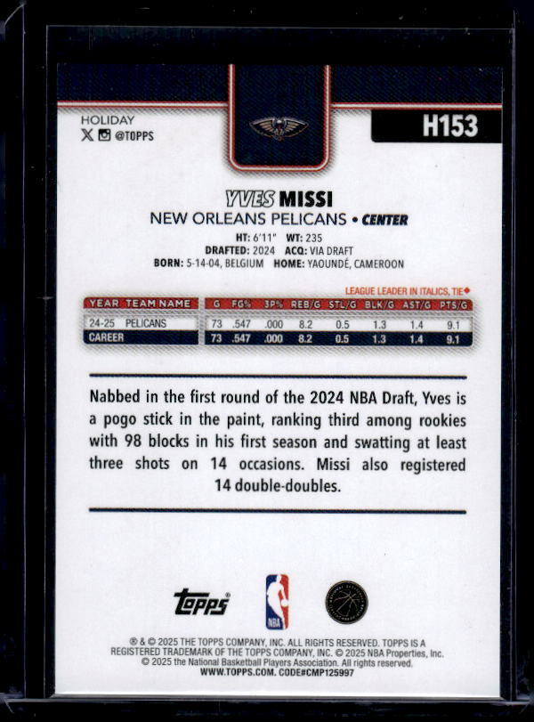 2025-26 Topps Holiday #H153 Yves Missi Blue Metallic Glitter Holiday