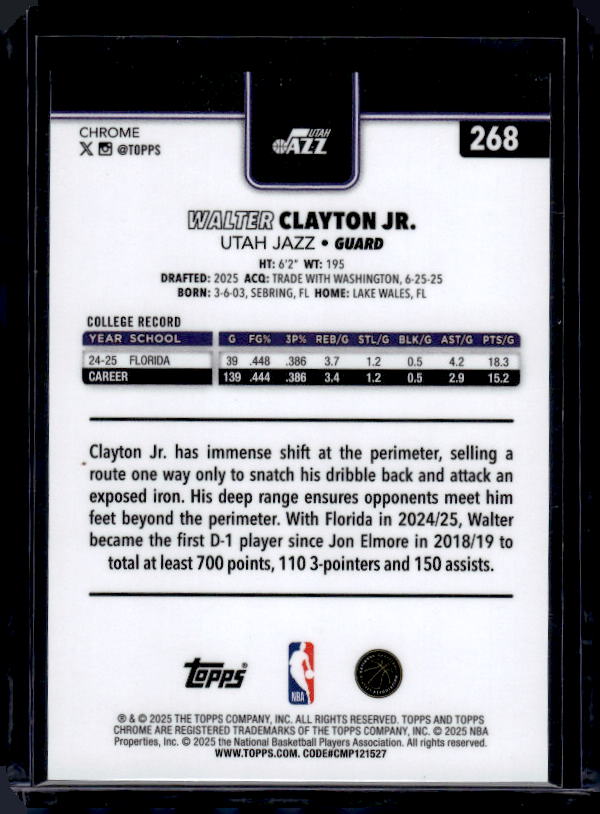 2025-26 Topps Chrome #268 Walter Clayton Jr. Purple Wave Refractor #/75