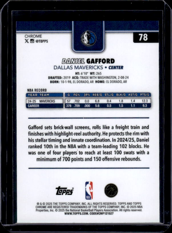 2025-26 Topps Chrome #78 Daniel Gafford Green Basketball Refractor #/99