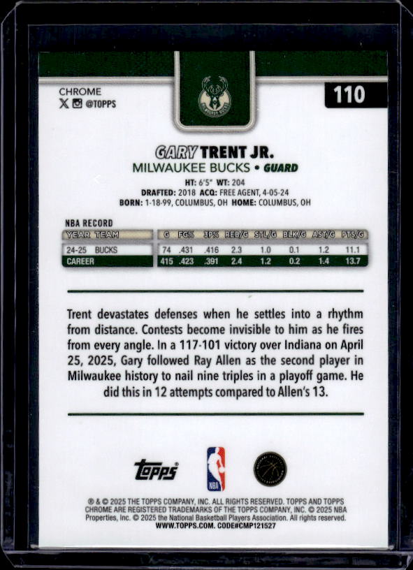 2025-26 Topps Chrome #110 Gary Trent Jr. Blue Refractor #/150