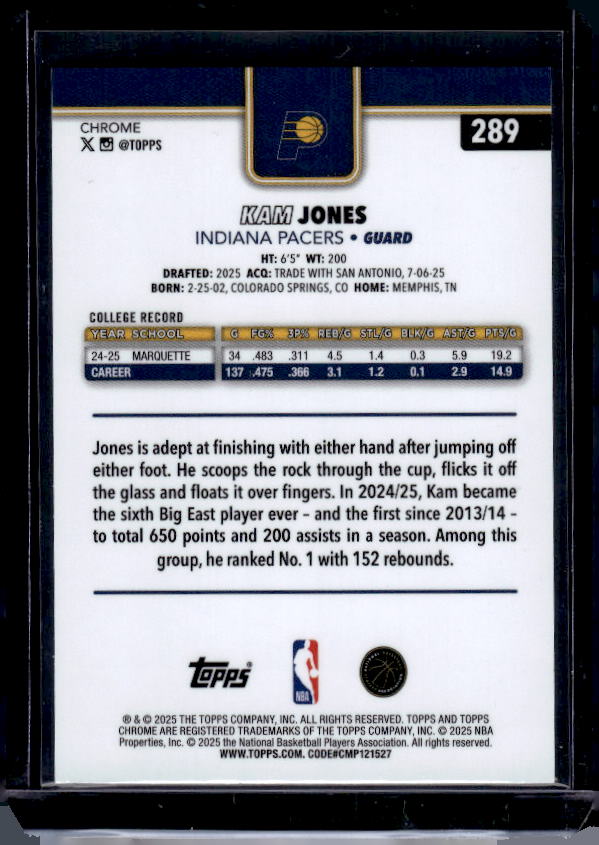 2025-26 Topps Chrome #289 Kam Jones Blue RayWave Refractor #/150