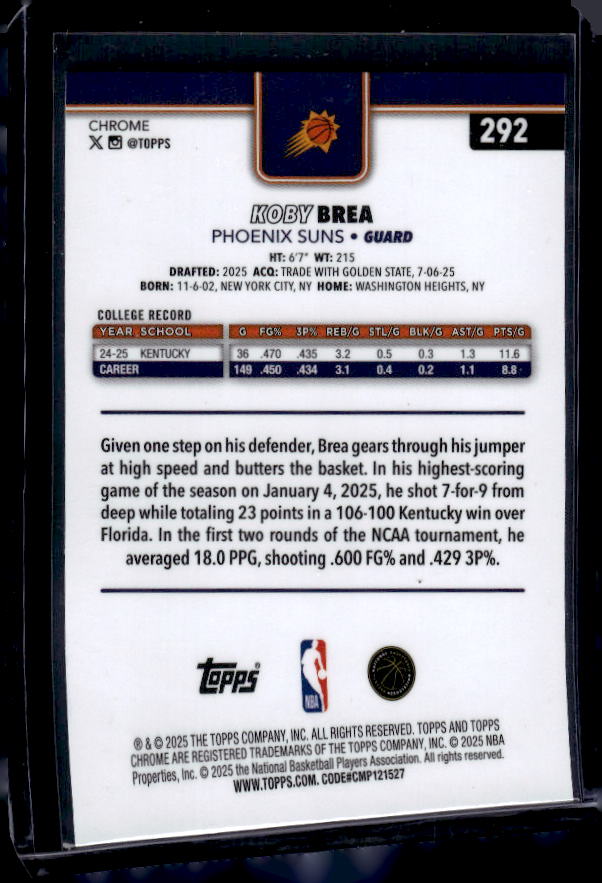 2025-26 Topps Chrome #292 Koby Brea Aqua RayWave Refractor #/199