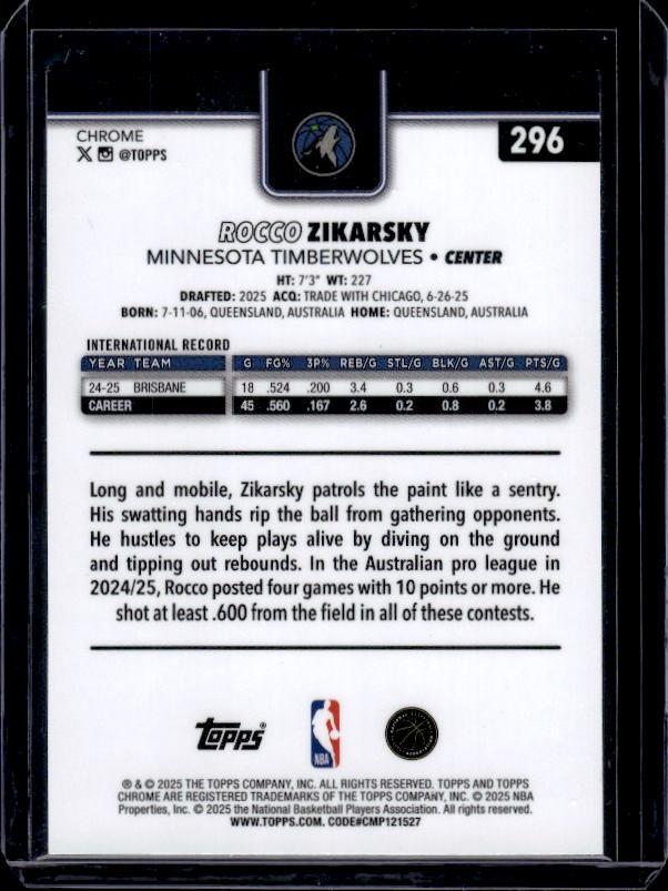 2025-26 Topps Chrome #296 Rocco Zikarsky Yellow RayWave Refractor #/275