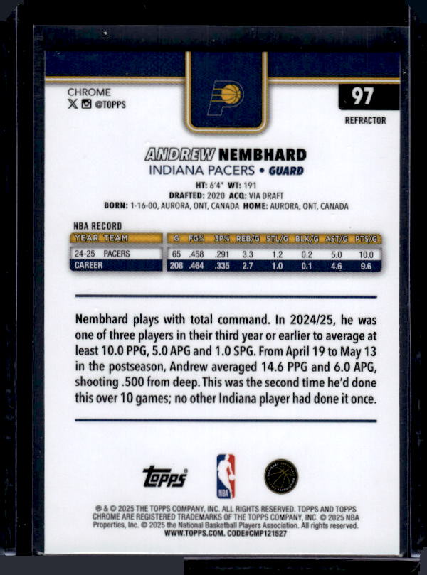 2025-26 Topps Chrome #97 Andrew Nembhard Refractor