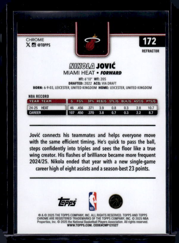 2025-26 Topps Chrome #172 Nikola Jović Refractor