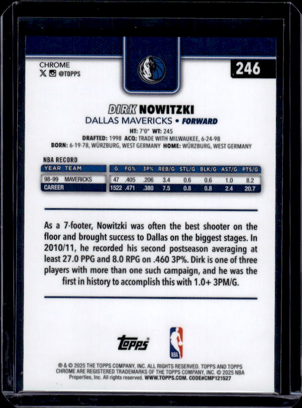 2025-26 Topps Chrome #246 Dirk Nowitzki Basketball Refractor