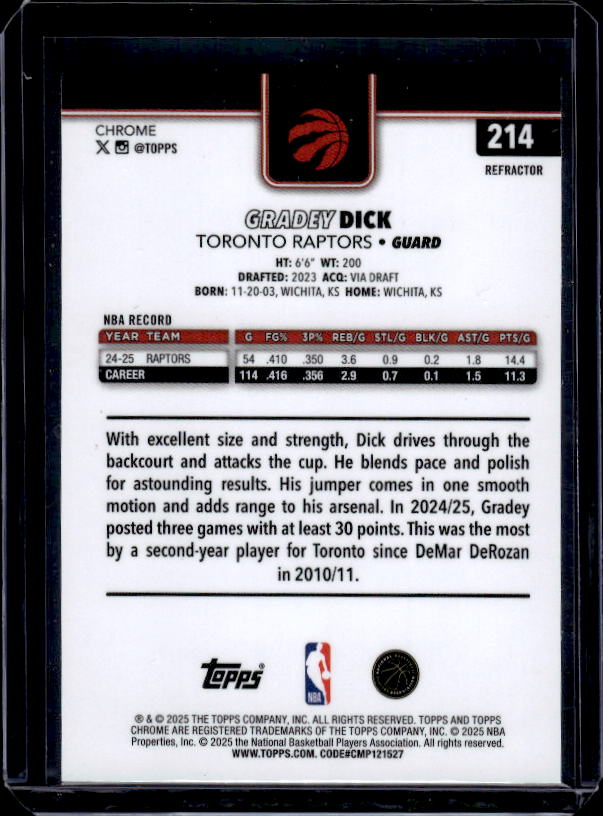 2025-26 Topps Chrome #214 Gradey Dick Refractor