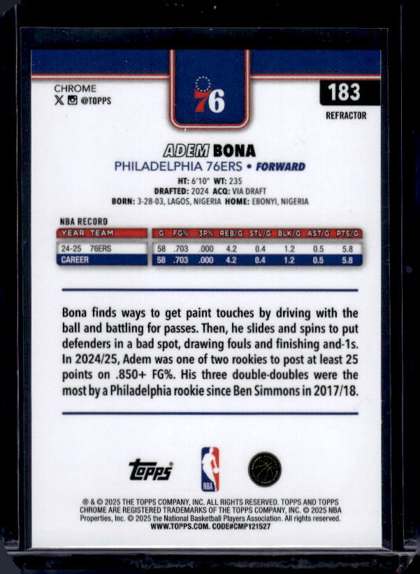 2025-26 Topps Chrome #183 Adem Bona Refractor