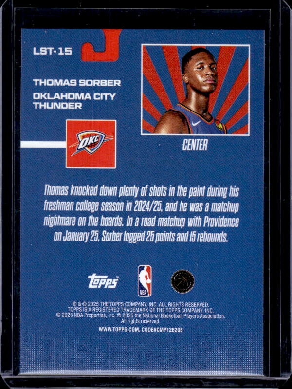 2025-26 Topps #LST-15 Thomas Sorber Limited Stock Legends