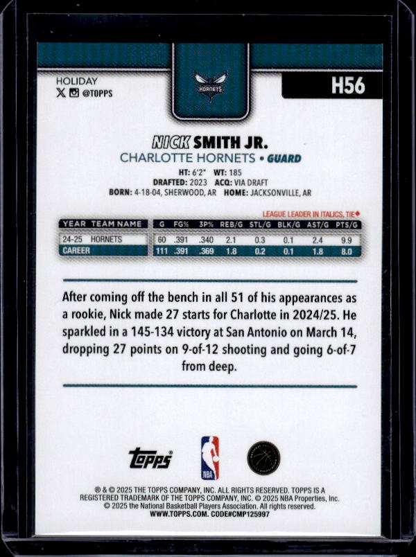 2025-26 Topps Holiday #H56 Nick Smith Jr. Glitter Holiday